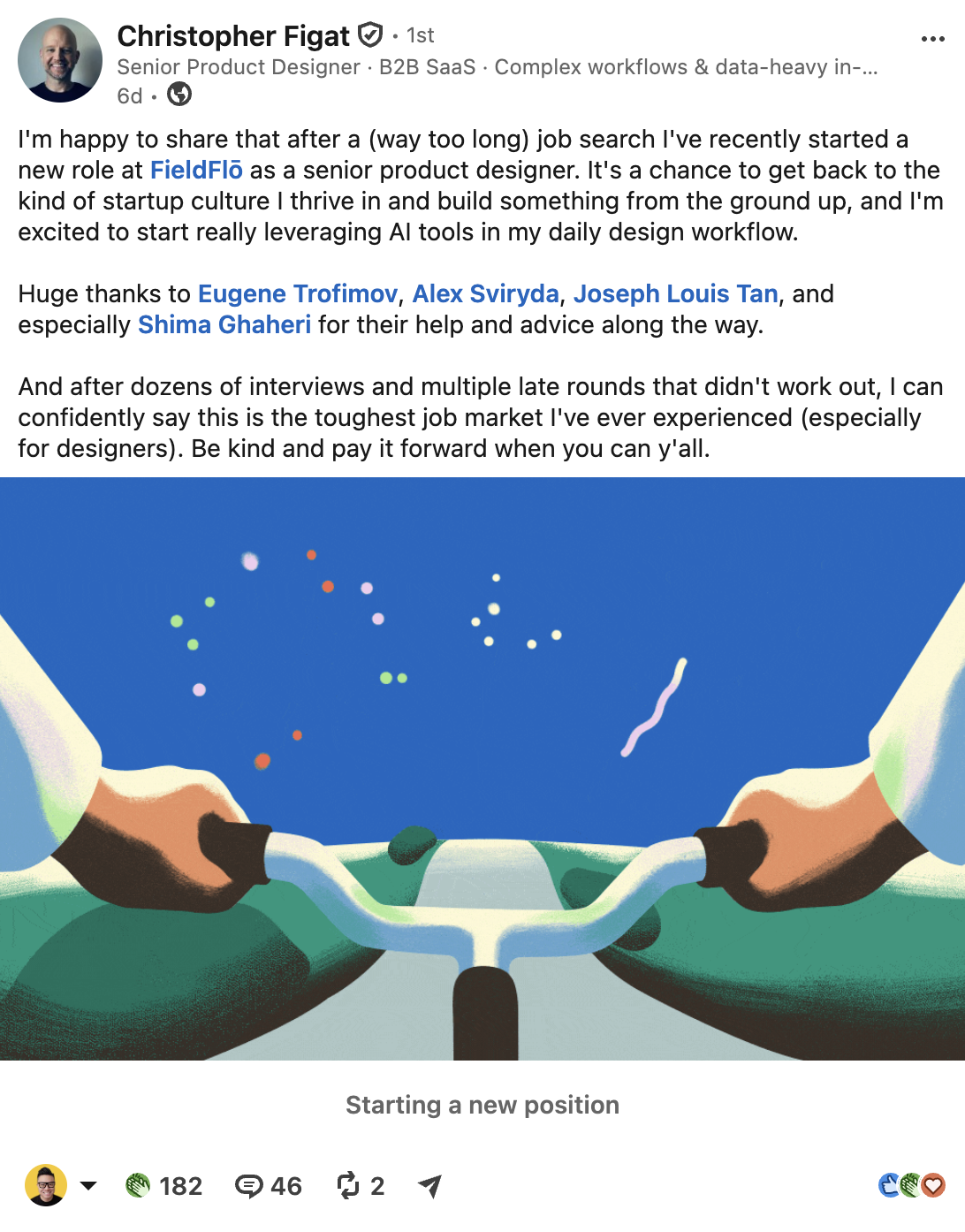 Christopher Figat LinkedIn post announcing his new Senior Product Designer role at FieldFlo, thanking Joseph Louis Tan among others