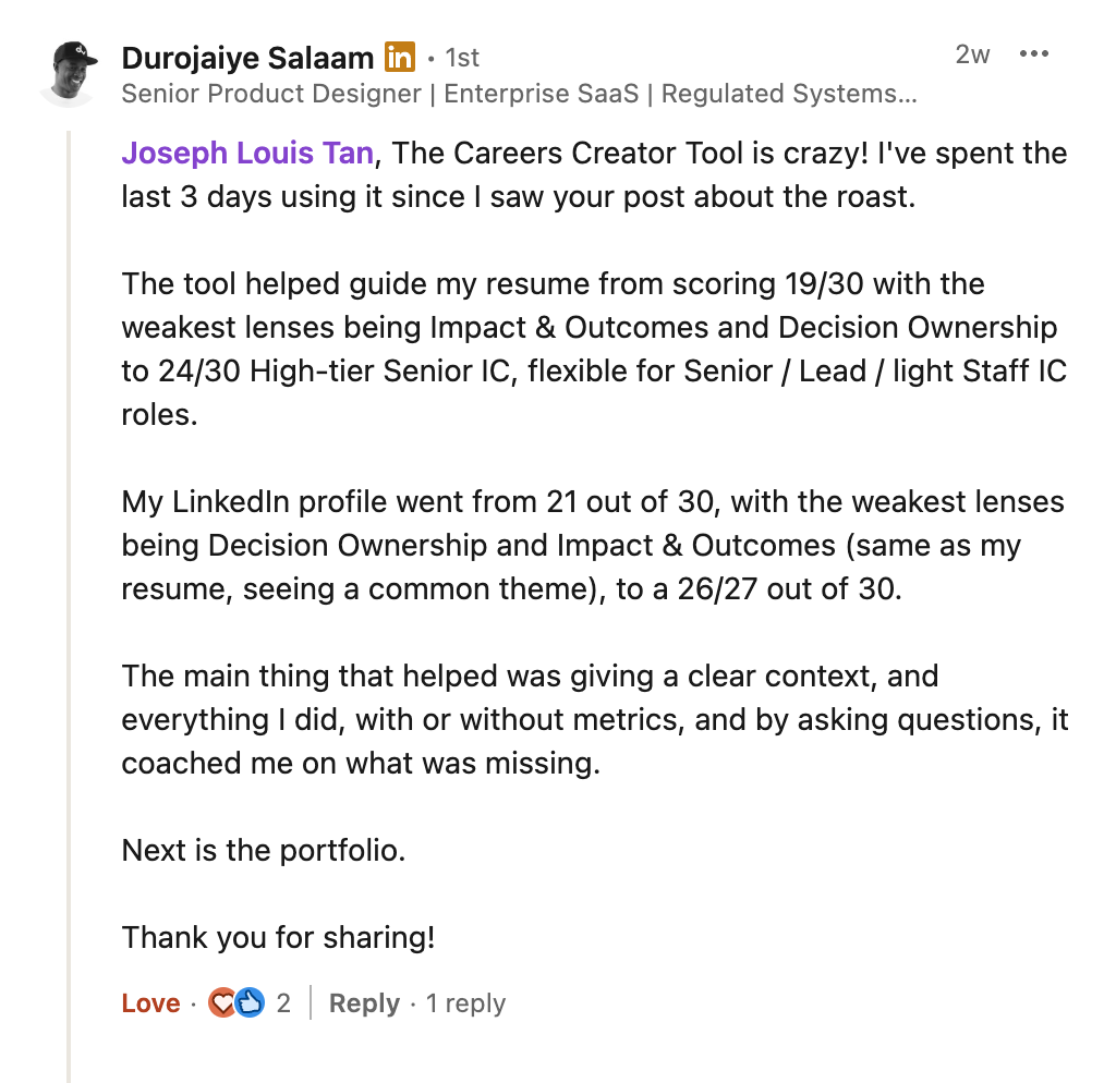 Durojaiye Salaam LinkedIn comment: resume score 19 to 24 of 30 and LinkedIn 21 to 26 of 30 in 3 days using Joseph's tool