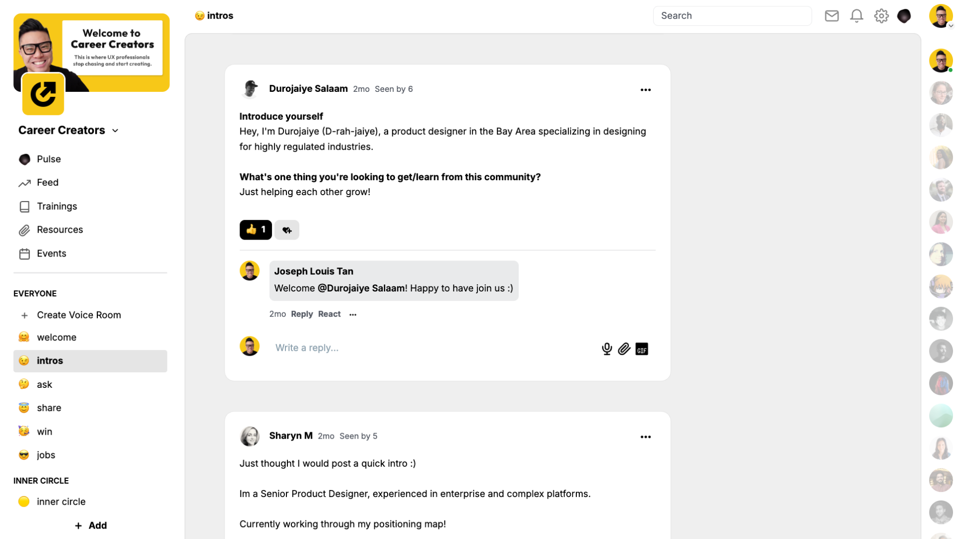Career Creators community on Heartbeat with senior product designers helping each other